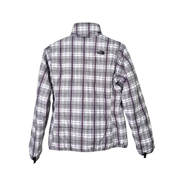 North Face Womens Short Jacket Thin Puffer Plaid White Black Purple Logo Winter - Picture 2 of 8